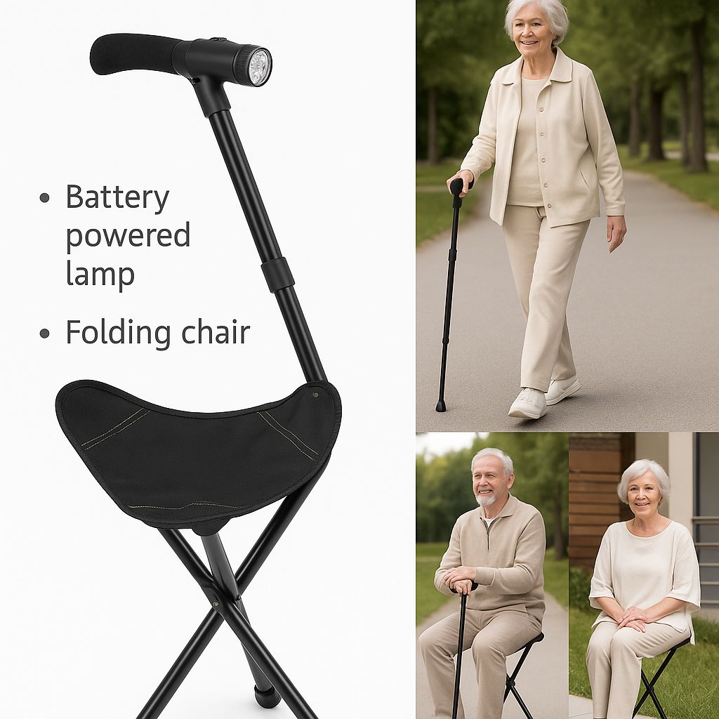 100cm Multifunctional Walking Cane With Seat | Folding Chair Walking Stick with Light For the elderly